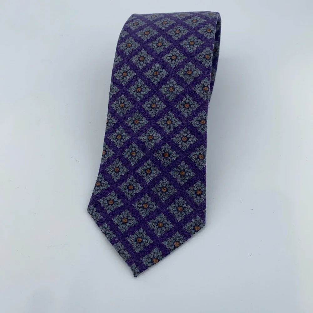 Eton Tie Mens One Size Purple Wool Floral Geometric Handmade Made Italy